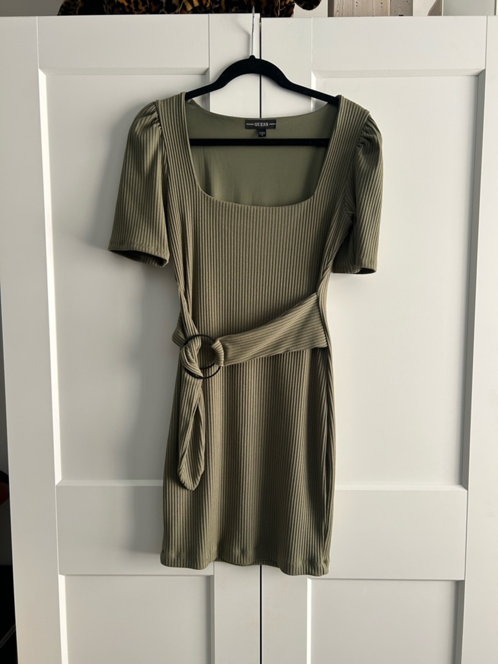 GUESS Olive Ribbed Square-Neck Mini Dress with Waist Tie